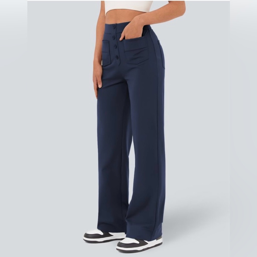 HALARA 4 Button High Rise Navy Blue BBL Pants Women's M L NWT